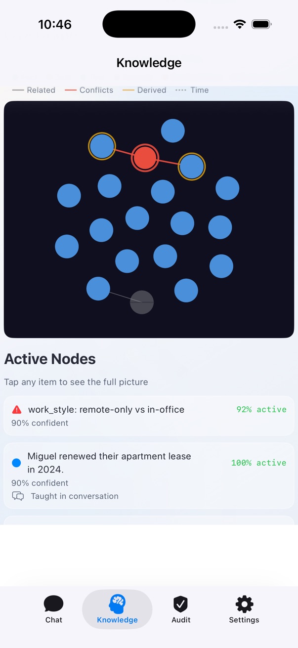 Meminia iOS knowledge view showing a contradiction-aware graph and active memory nodes